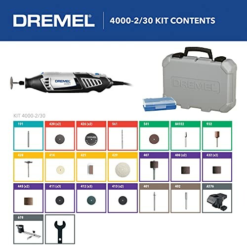 Dremel 4000-2/30 kit contents with tool, accessories, and case.