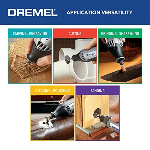 Dremel tool applications: carving, cutting, grinding, cleaning, sanding.