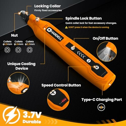 Orange electric screwdriver with labeled features including locking collar, spindle lock, on/off button, speed control, Type-C charging port, and unique cooling device.