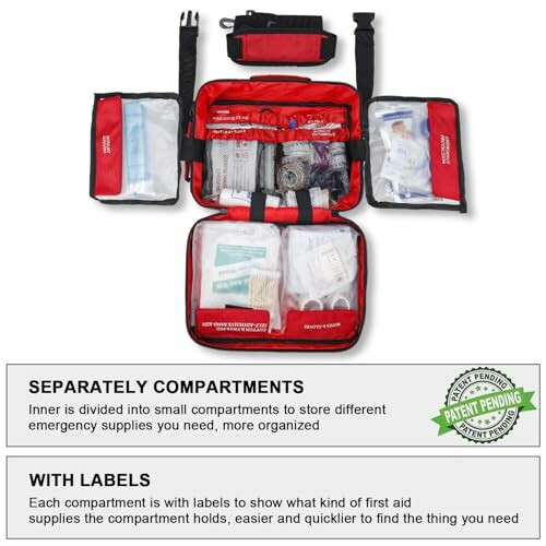 Open first aid kit with labeled compartments and supplies.