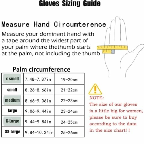 Gloves sizing guide with hand measurement instructions and size chart.