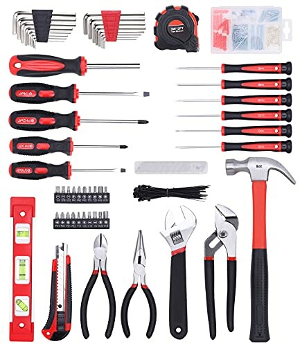 Comprehensive home tool kit with various hand tools and accessories.