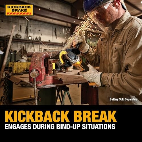 Person using a grinder in a workshop with text about kickback brake feature.