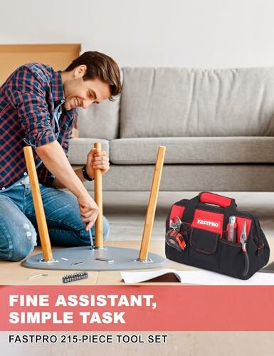 Man assembling furniture with a FASTPRO tool set.