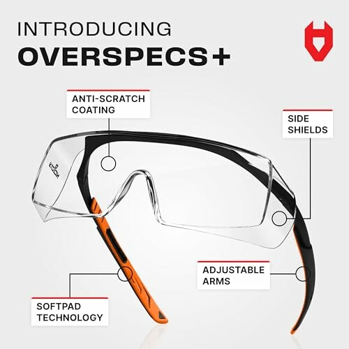 Overspecs+ safety glasses with anti-scratch coating, side shields, adjustable arms, and softpad technology.