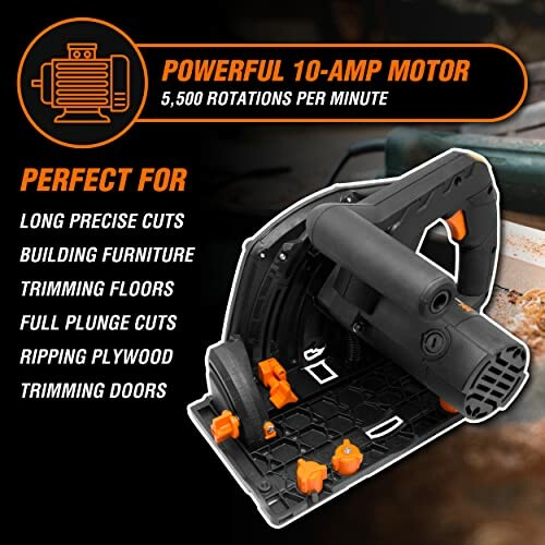 Power saw with 10-amp motor, 5,500 RPM, suitable for precise cuts, furniture building, and more.