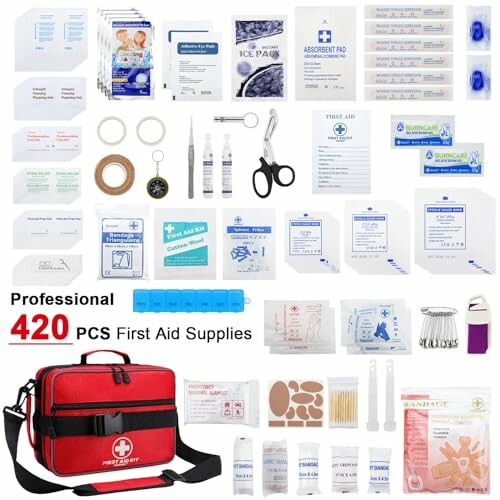 Comprehensive 420-piece professional first aid kit with medical supplies and red carrying case.