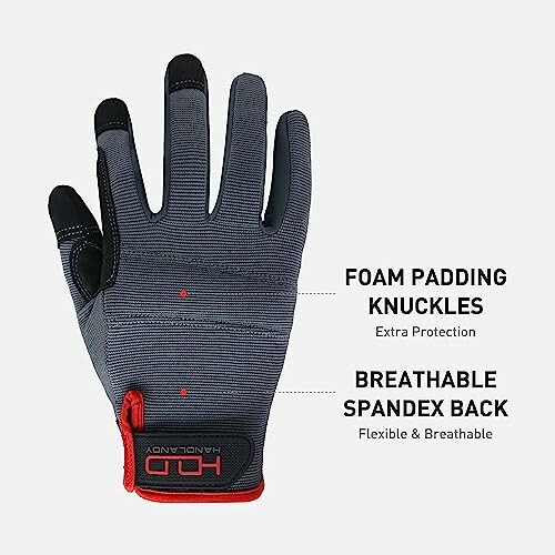 Protective work glove with foam padding and breathable spandex back.