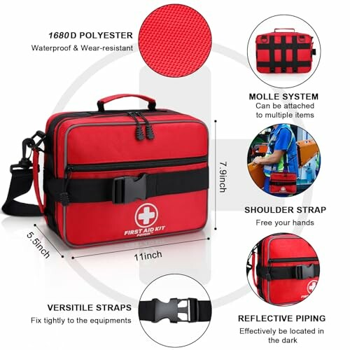 Red first aid kit bag with waterproof polyester, MOLLE system, shoulder strap, versatile straps, and reflective piping.