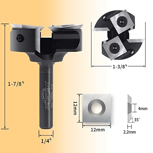 Router bit with detailed dimensions and close-up views.