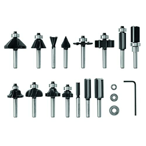 Router bit set with various shapes and sizes including an Allen wrench