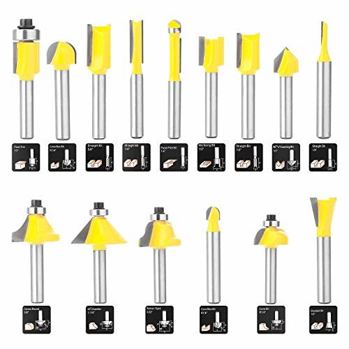 Set of various yellow and silver router bits.