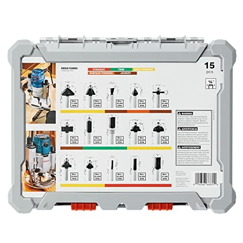 Router bits set with 15 pieces in a plastic case