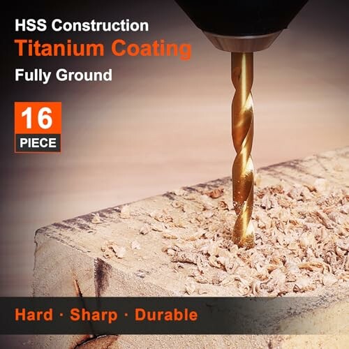 Titanium coated drill bit in wood, HSS construction, 16 piece set.