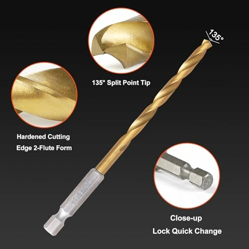 Titanium drill bit with 135-degree split point tip and quick change lock.