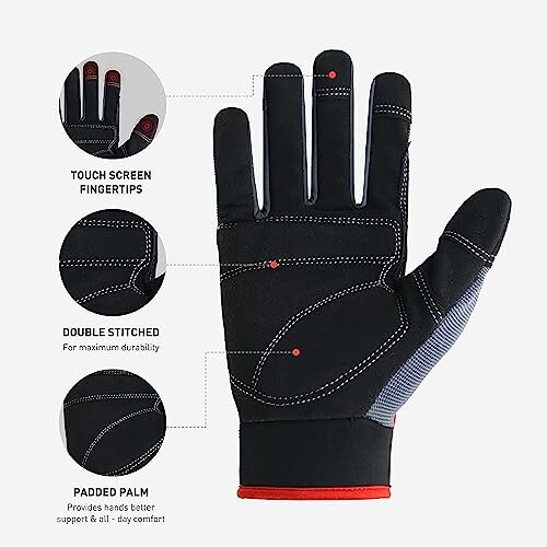 Diagram of black glove with touchscreen fingertips, double stitching, and padded palm.