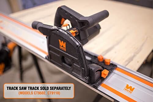 WEN track saw on guide rail with note about separate track sale.