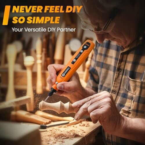 Person using a Dremel tool on a wooden piece in a workshop.