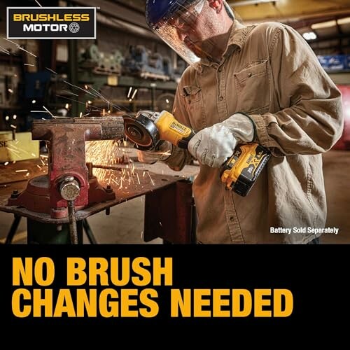 Worker using an angle grinder with sparks flying, text reads 'No Brush Changes Needed'